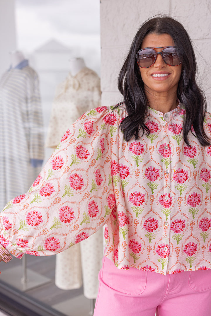 sheer pink green floral printed blouse sleeve