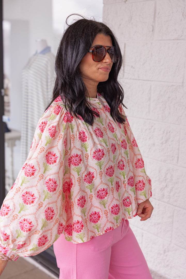 sheer pink green floral printed blouse side