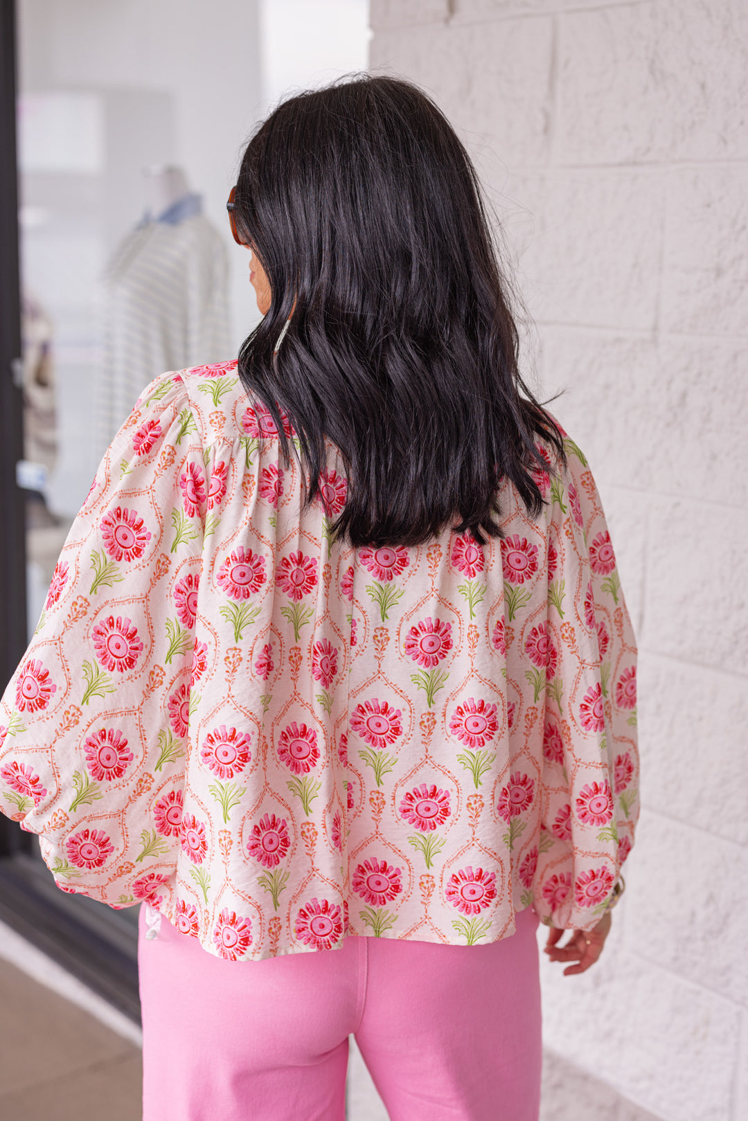 sheer pink green floral printed blouse back