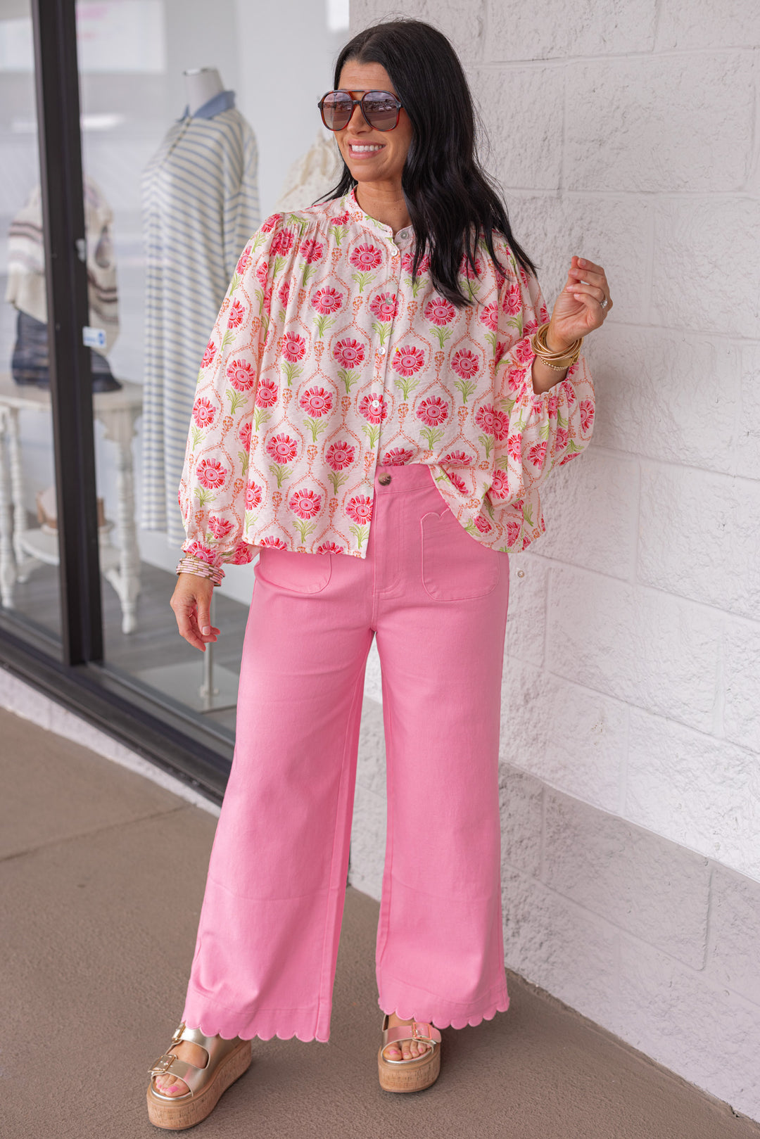 pink scalloped hem wide leg twill pants