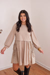 taupe poplin long sleeve dress