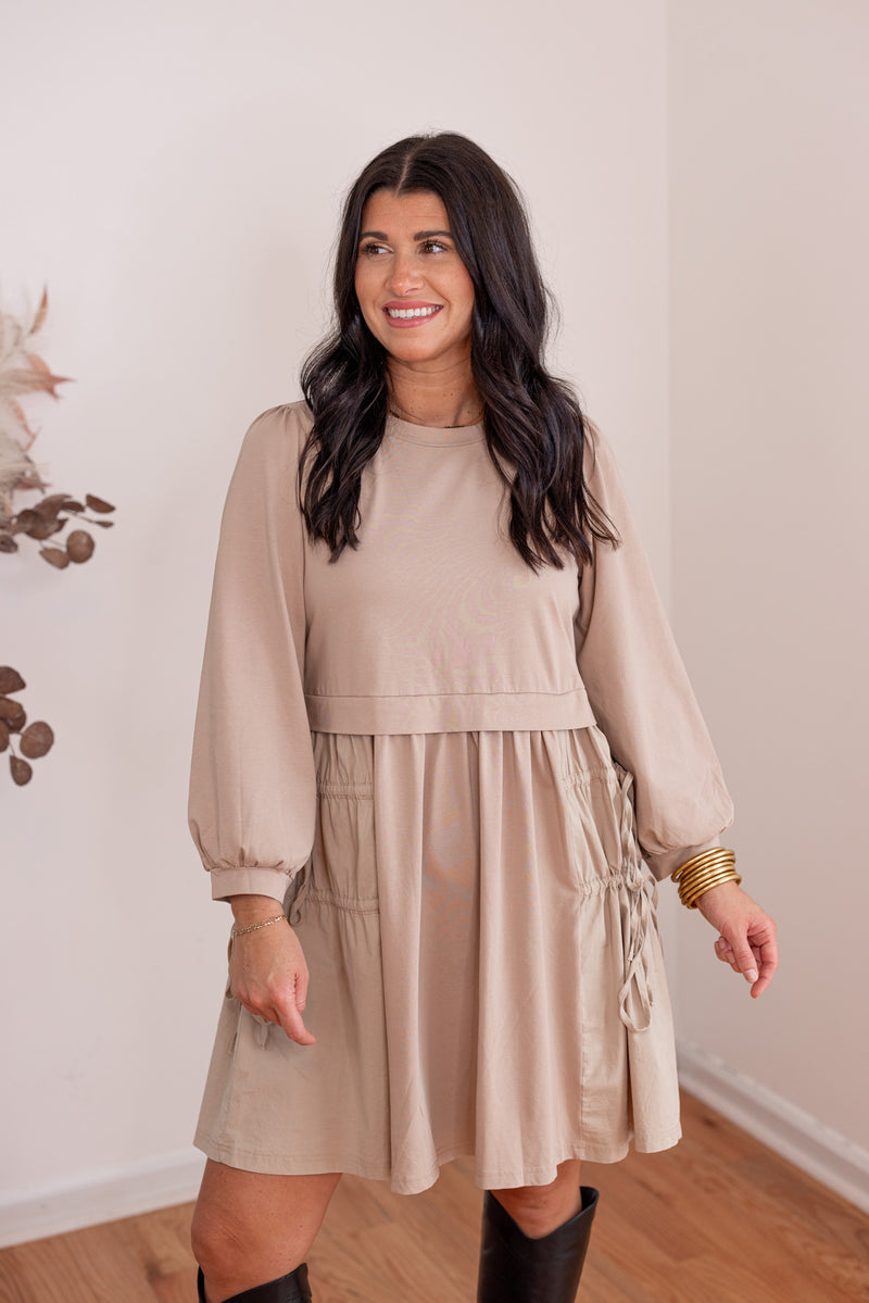 taupe poplin long sleeve dress