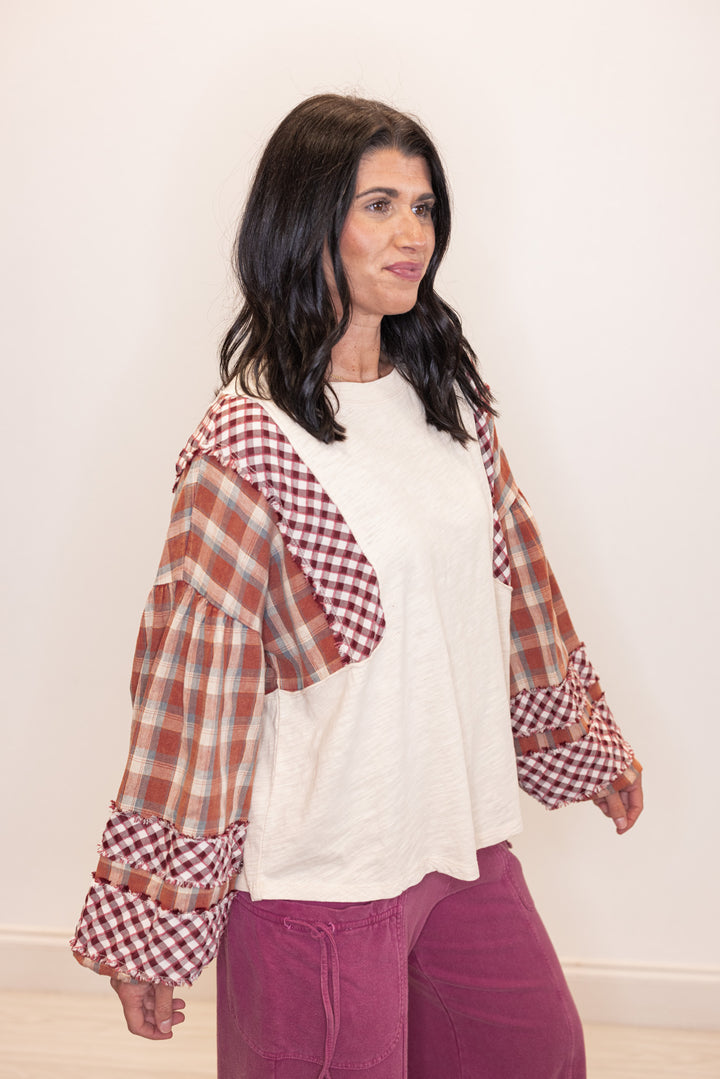 Plaid Patchwork Natural Colorblock Top