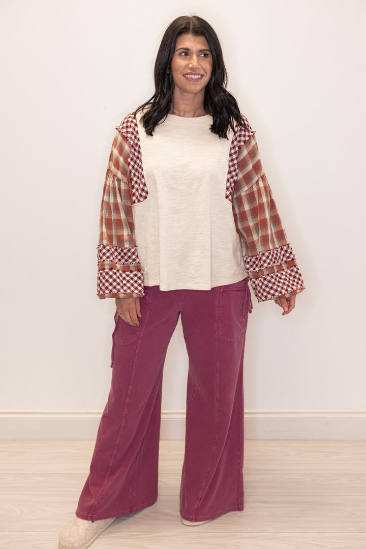 Plaid Patchwork Natural Colorblock Top