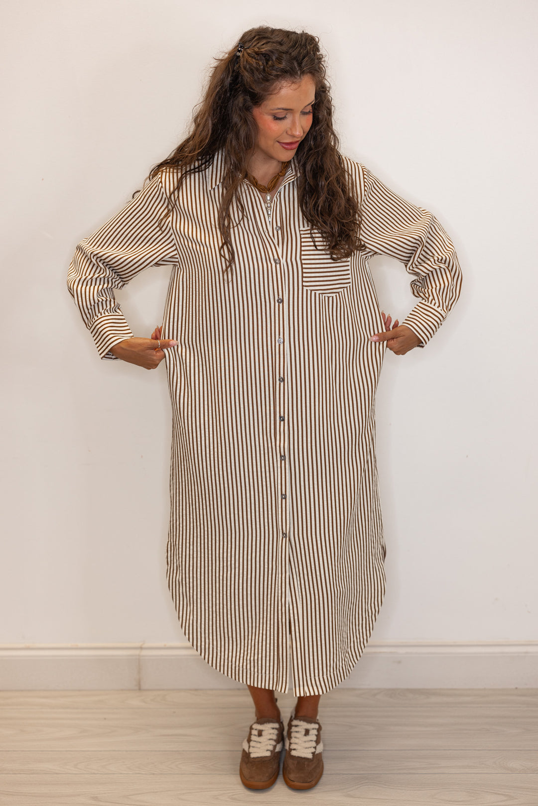 Woman's  long striped dress with chest pocket