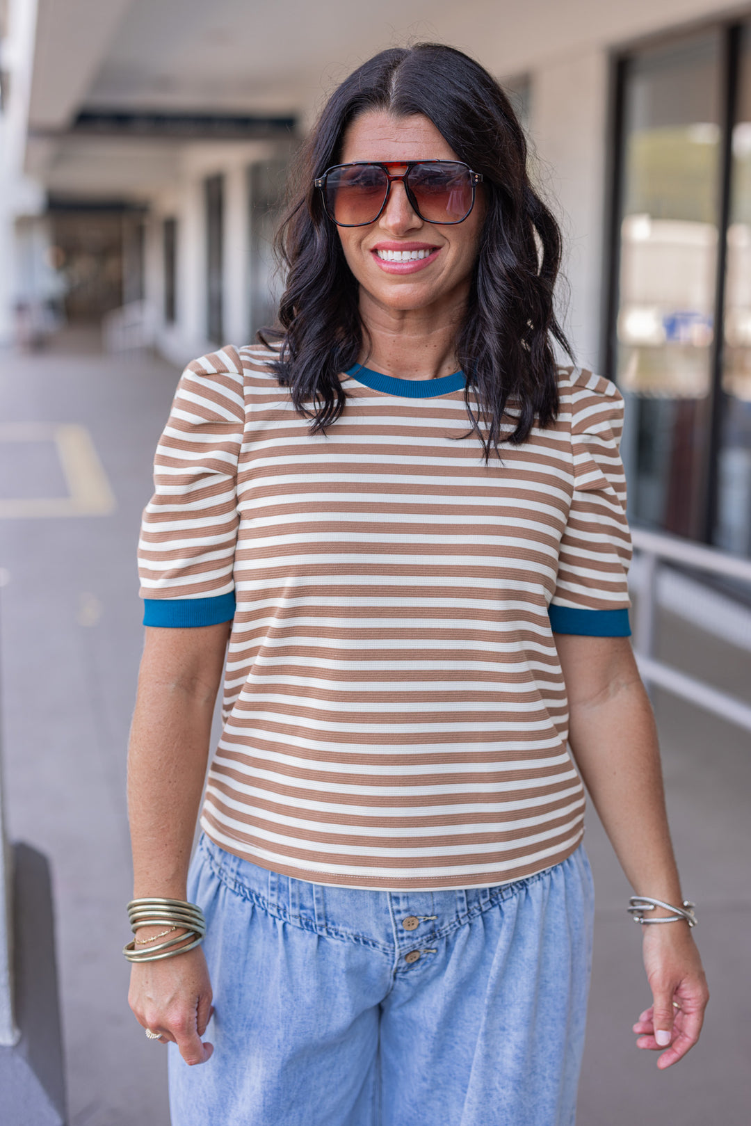 Women's tan striped knit textured top with dark turquoise trim by Entro