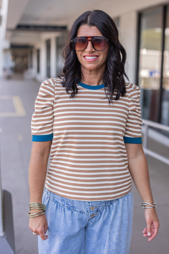 Women's tan striped knit textured top with dark turquoise trim by Entro