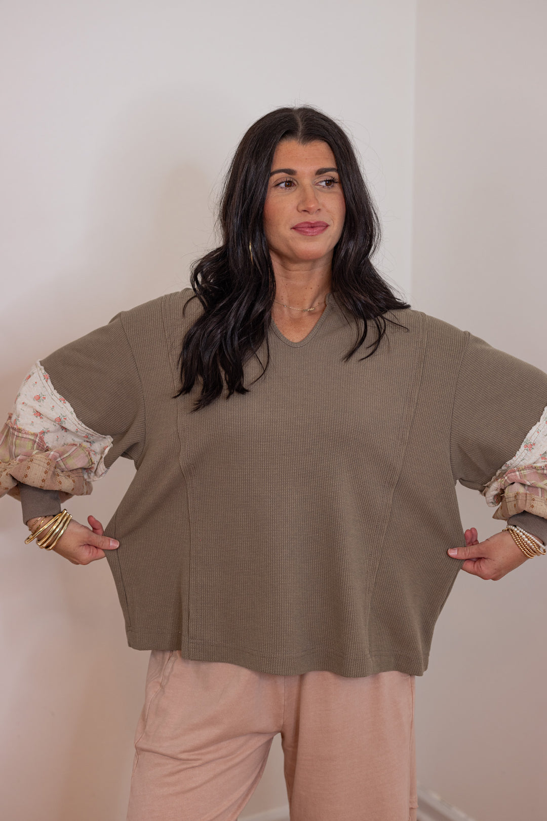 Waffle Knit Patchwork Mocha Top