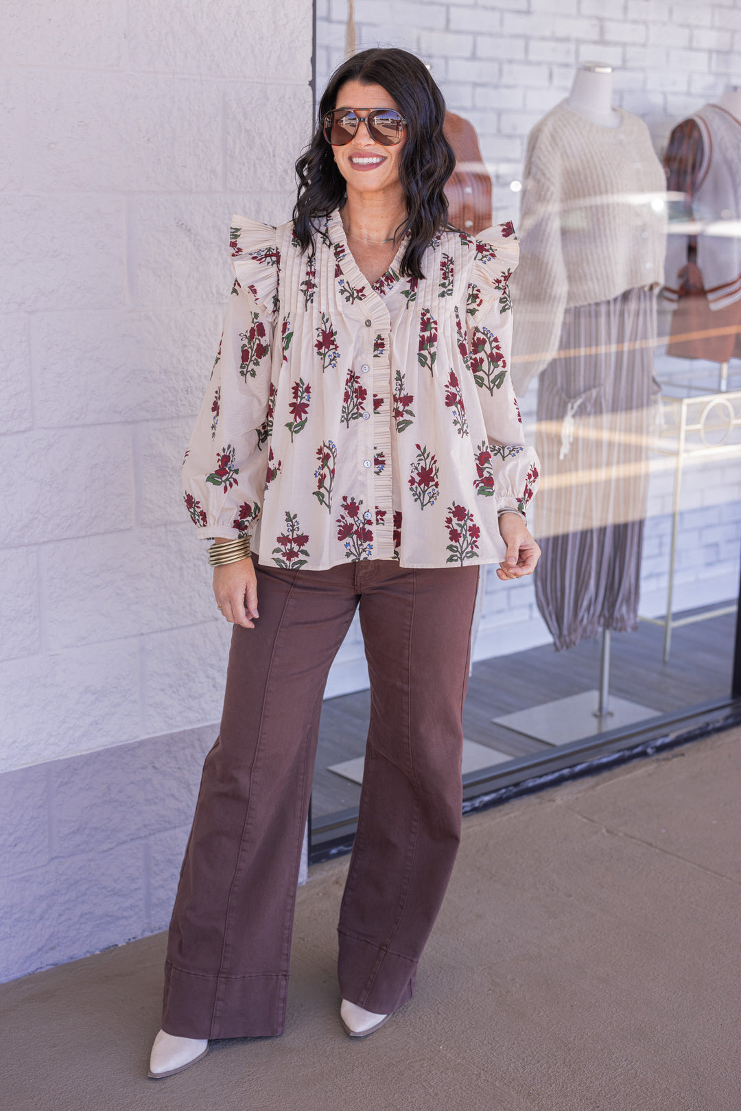 Women's ecru and burgundy floral print babydoll top with pleats and ruffle details by Entro, perfect for the thanksgiving season
