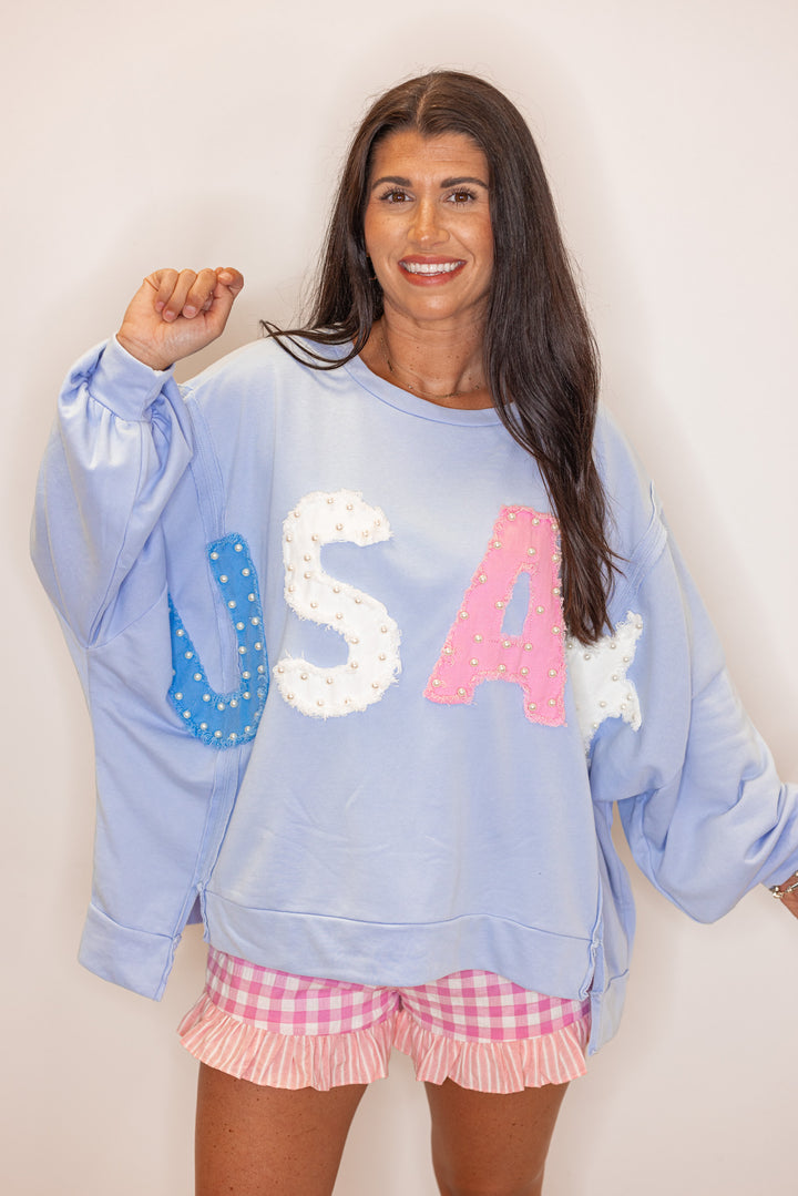 usa blue pearl letters sweatshirt