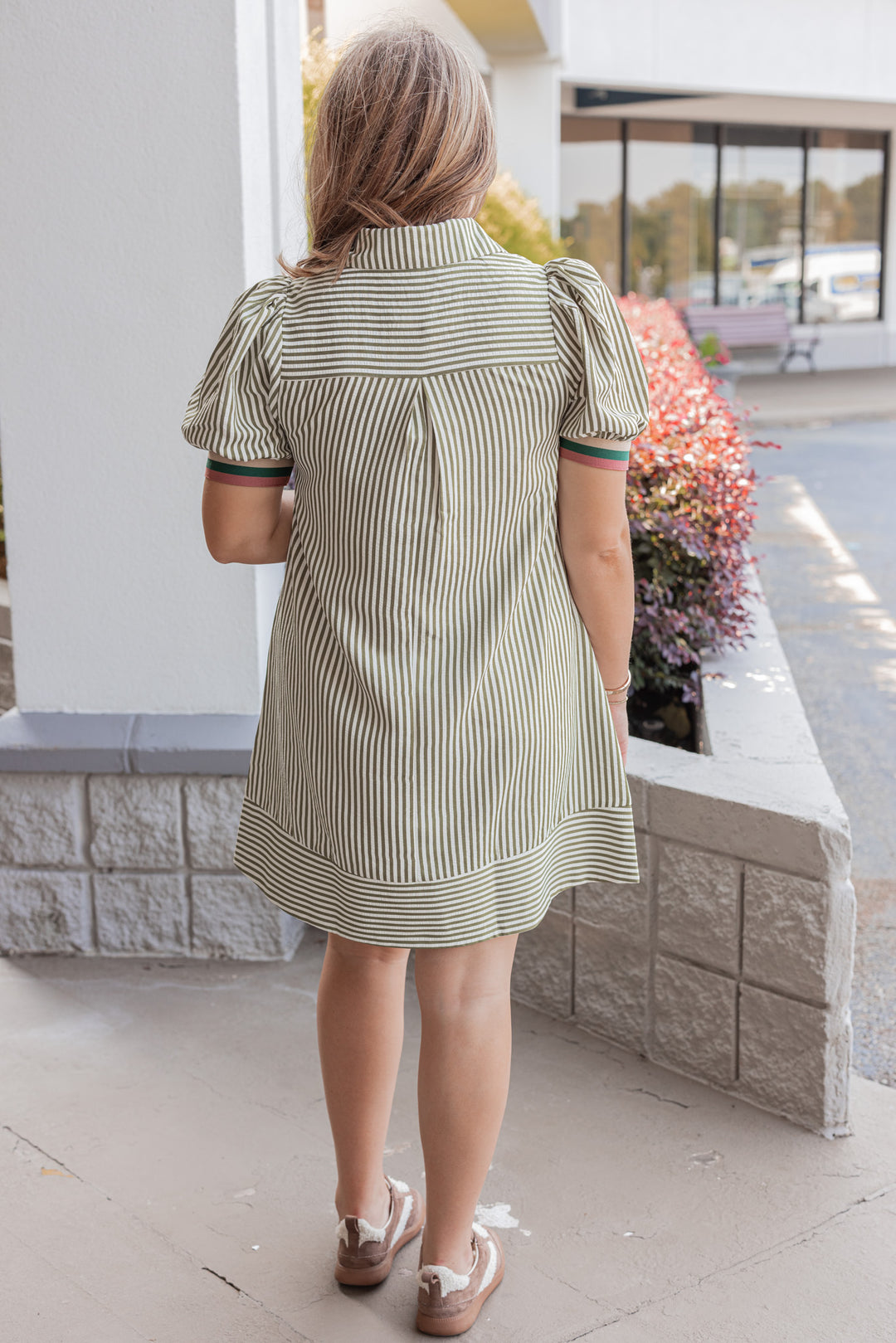 Women's olive and ivory striped dress by Entro showing full back view
