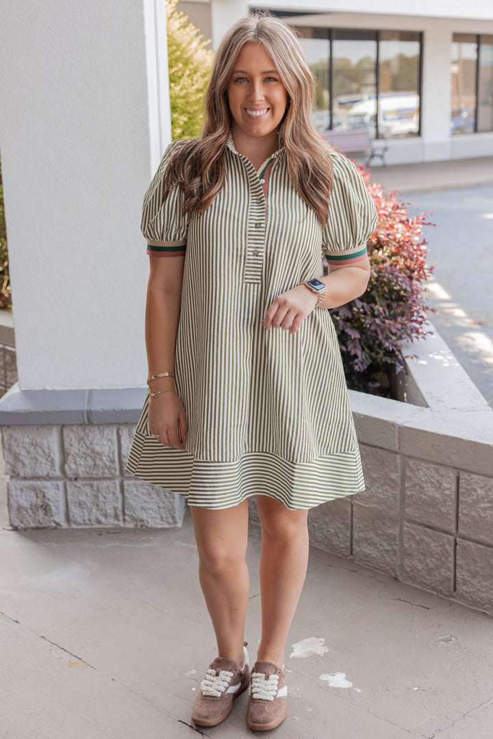 Women's olive and ivory striped dress by Entro, perfect for teachers