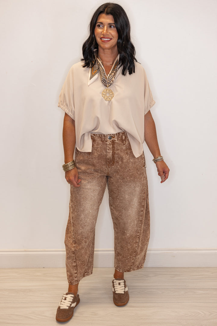 Women's washed almond tan twill barrel pants with distressed floral print by Easel showing full front view