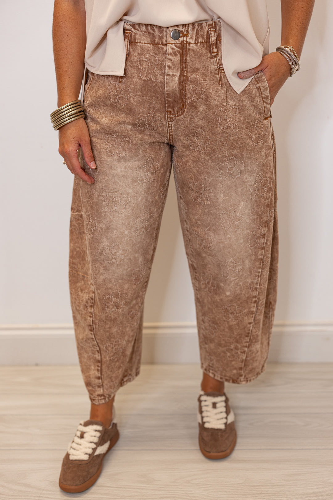 Women's washed almond tan twill barrel pants with distressed floral print by Easel