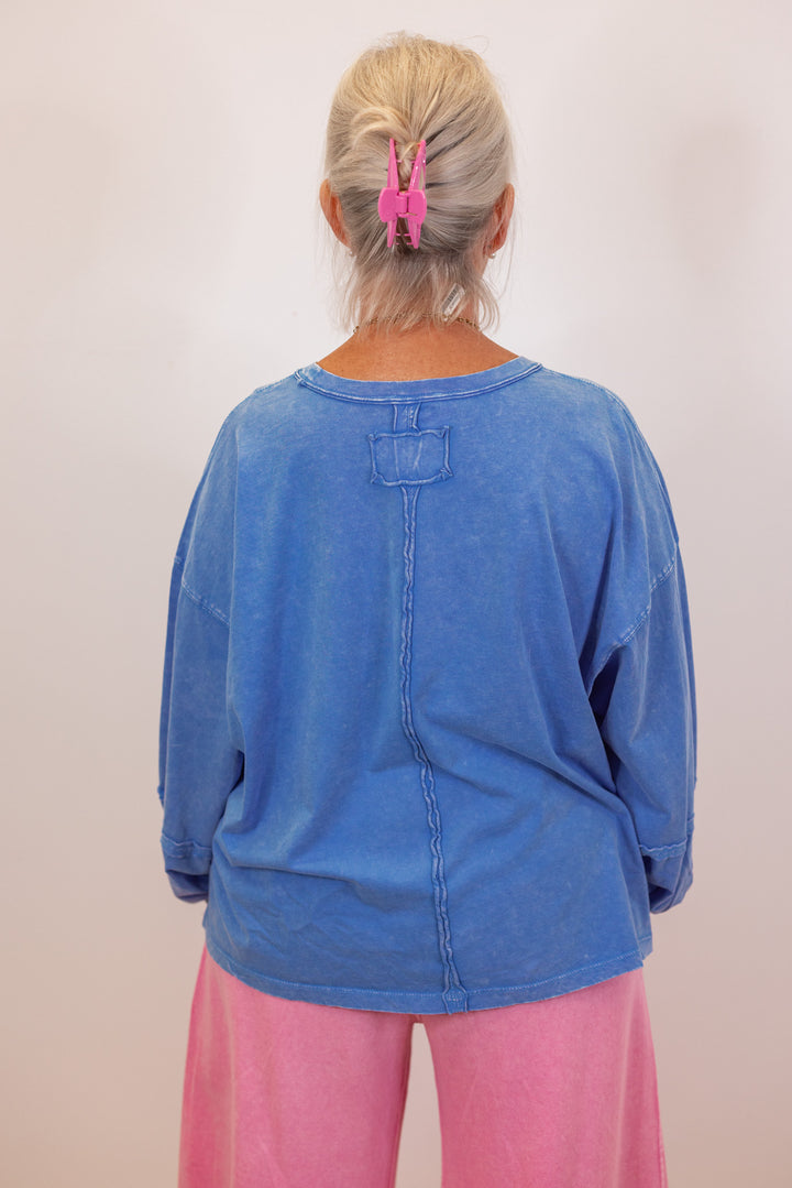 cotton blue long sleeve casual top