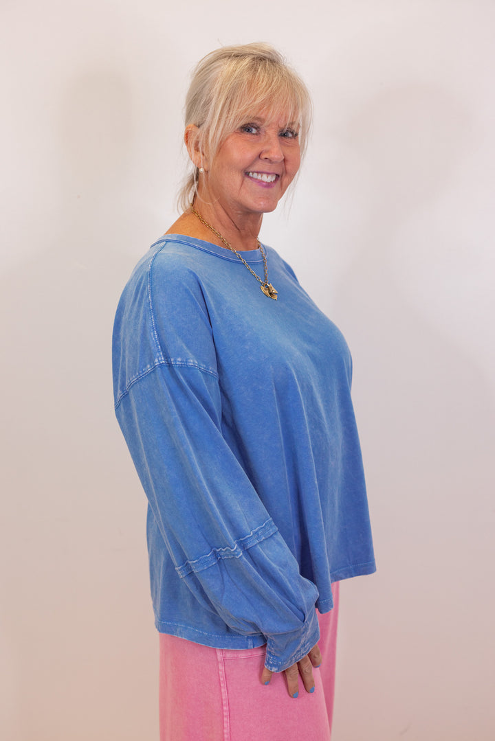 cotton blue long sleeve casual top