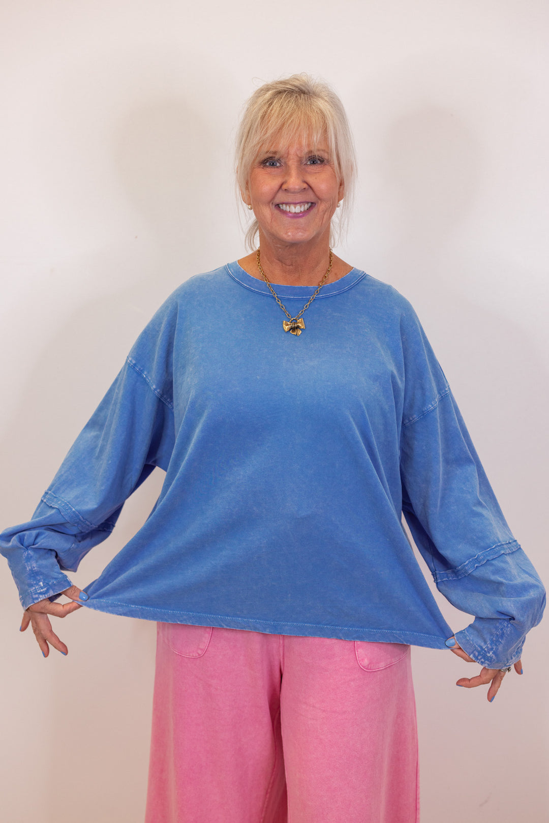 cotton blue long sleeve casual top