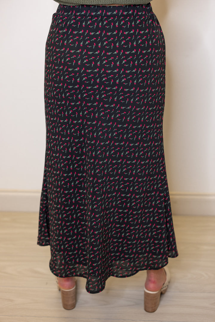 Women's olive burgundy floral black midi skirt by Wishlist showing up close back view