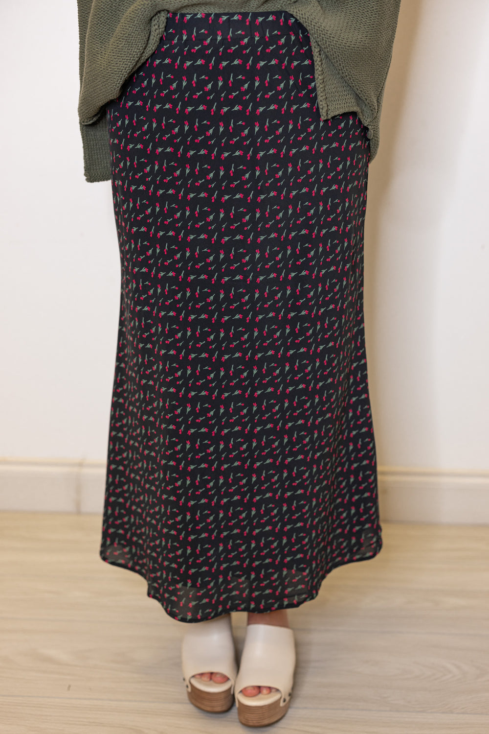 Women's olive burgundy floral black midi skirt by Wishlist showing up close front view