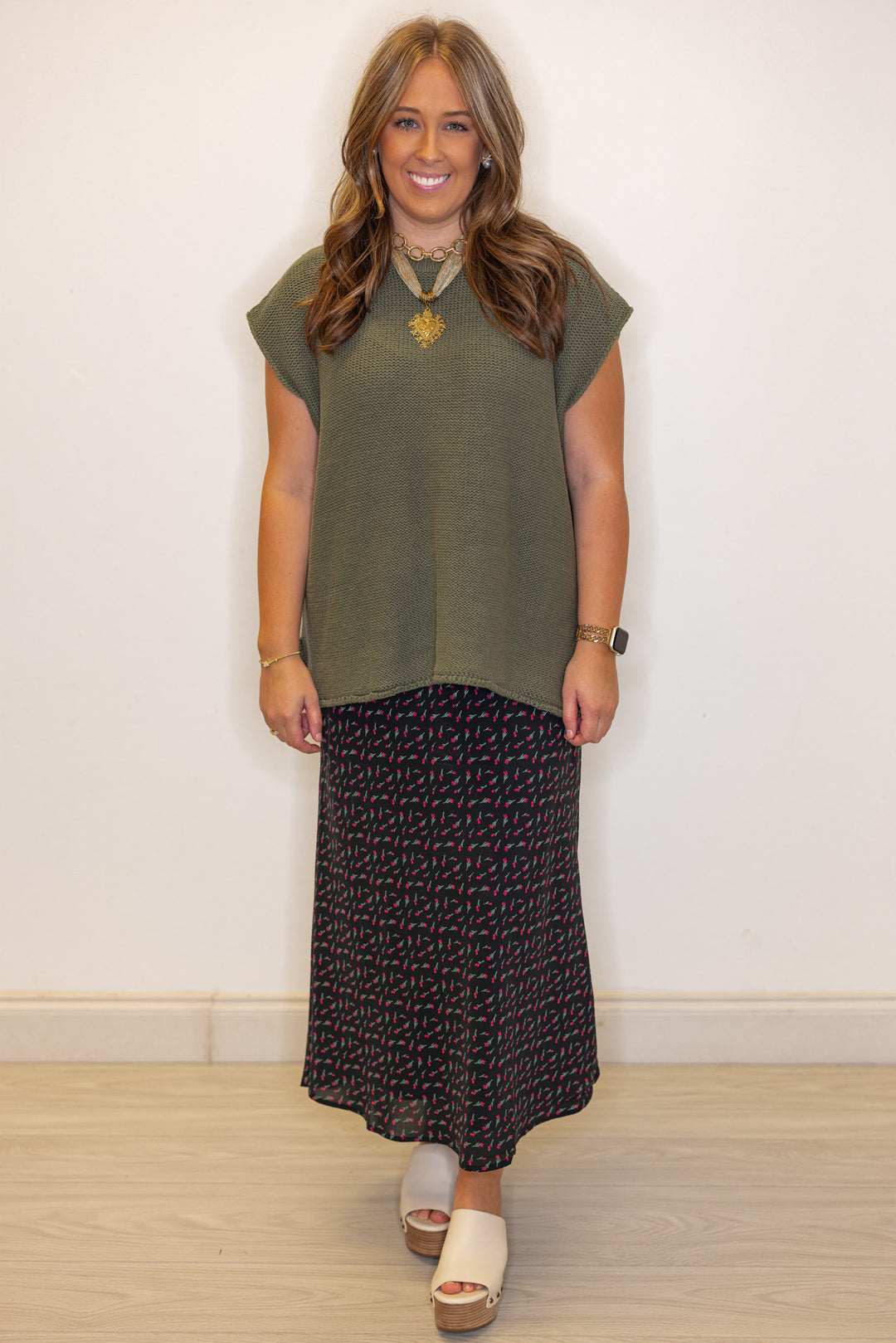 Women's trendy olive burgundy floral black midi skirt by Wishlist, perfect for the office