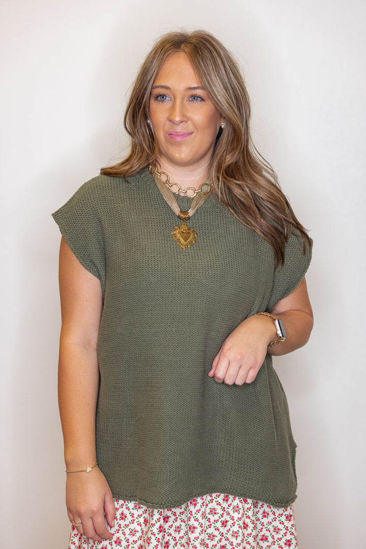 Women's olive green short sleeve sweater knit top by Wishlist