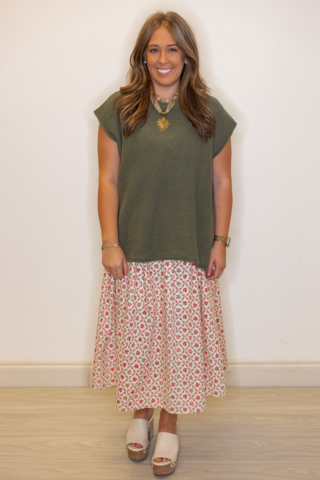 Women's olive green short sleeve sweater knit top by Wishlist, perfect for the office