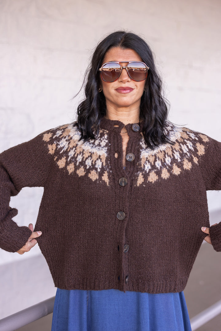 Women's brown button front sweater cardigan with print around the shoulders by Blu Pepper showing true to size fit