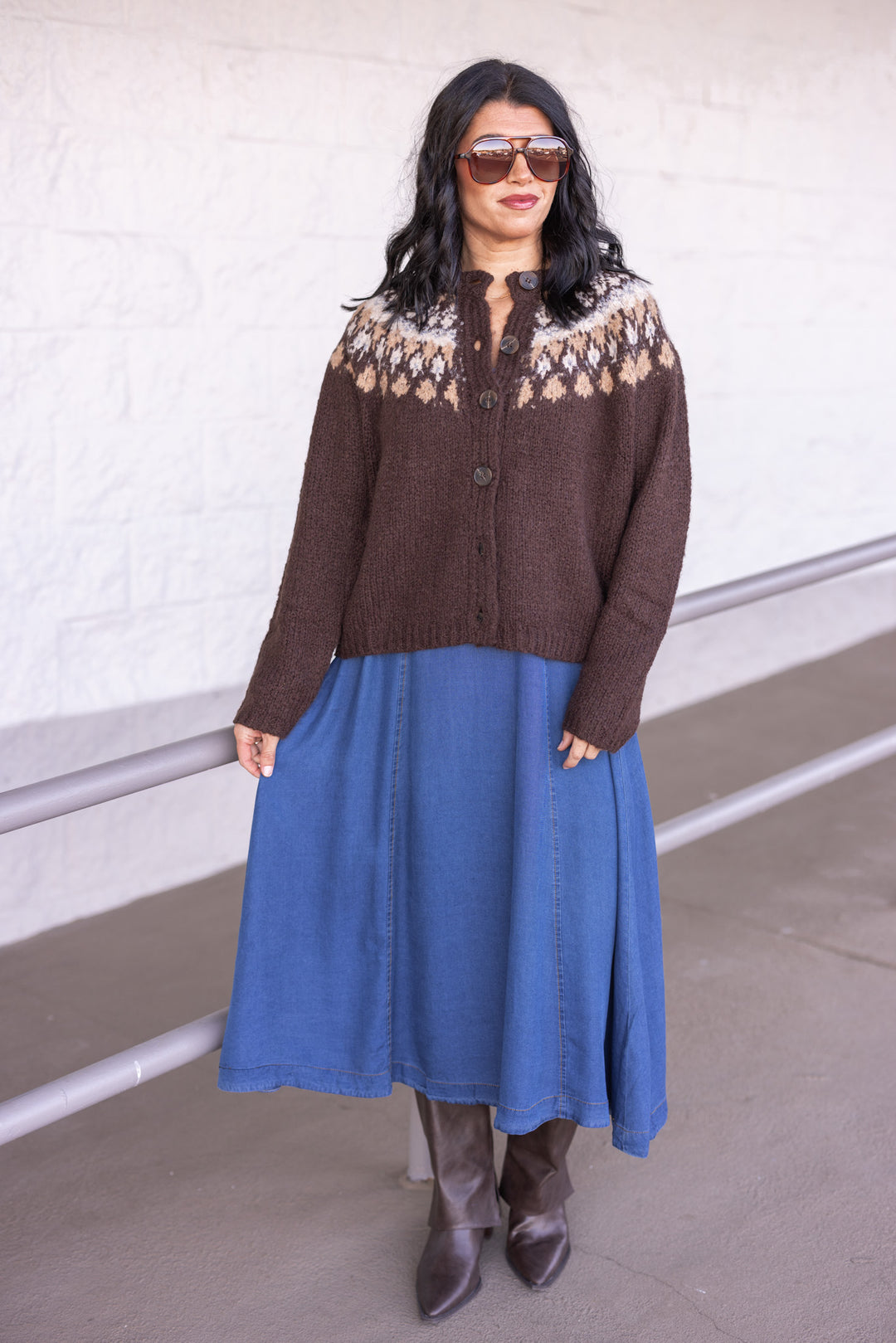 Women's brown button front sweater cardigan with print around the shoulders by Blu Pepper showing full front view