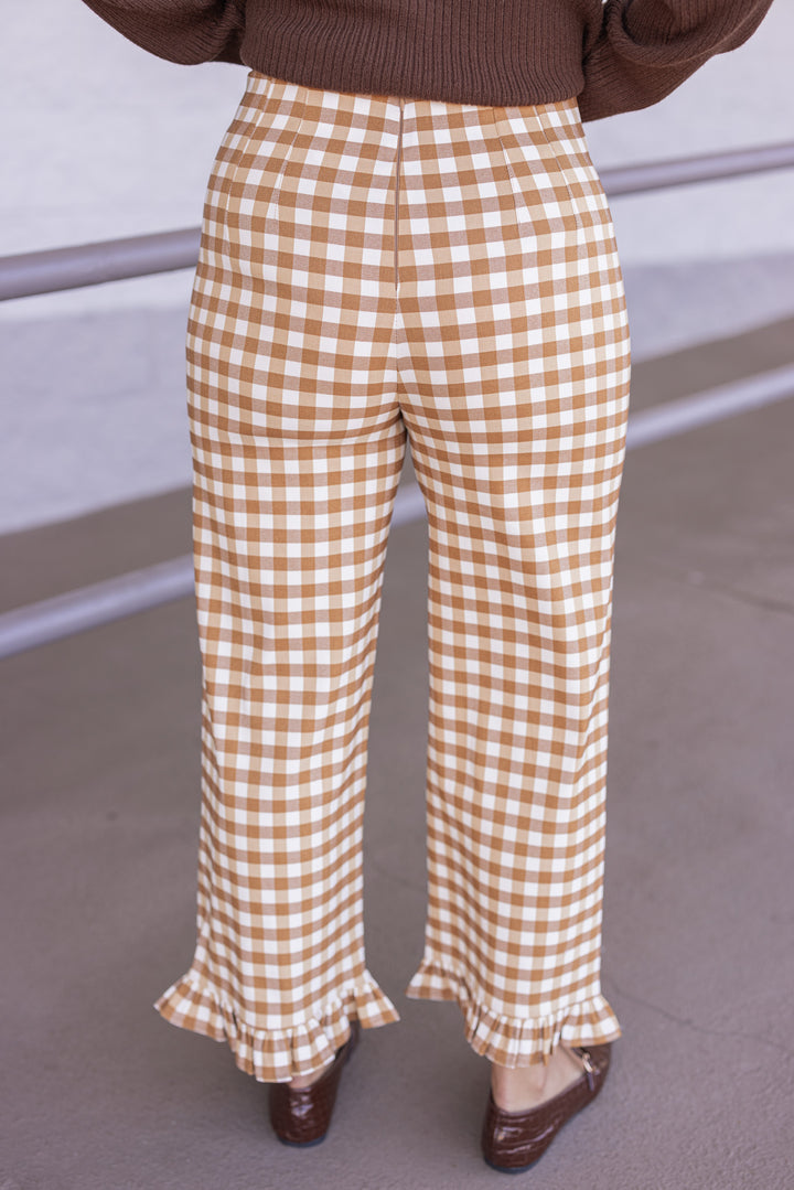 Women's mustard and ivory gingham checkered twill pants with ruffle cuffs by ee:some showing back view