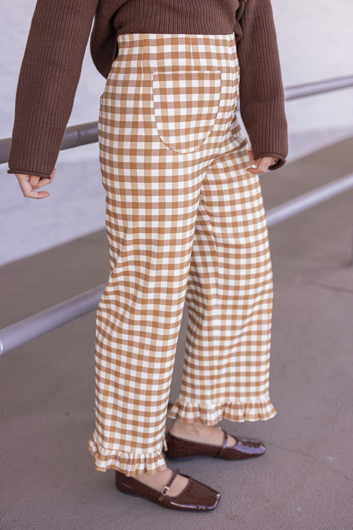 Women's mustard and ivory gingham checkered twill pants with ruffle cuffs by ee:some showing side view