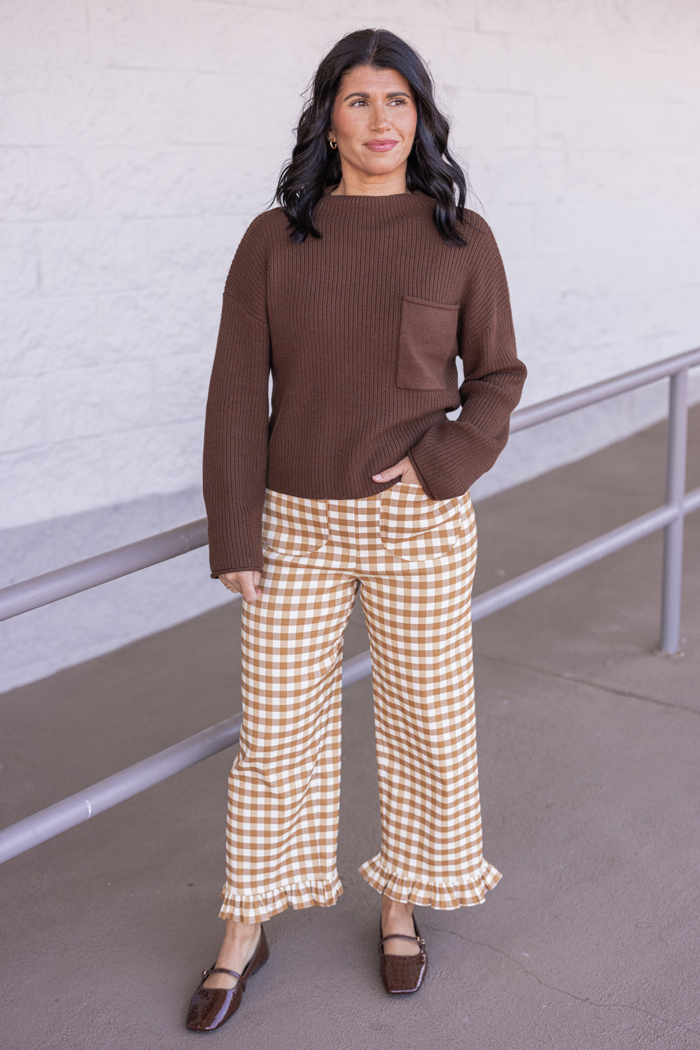 Women's mustard and ivory gingham checkered twill pants with ruffle cuffs by ee:some showing full front view