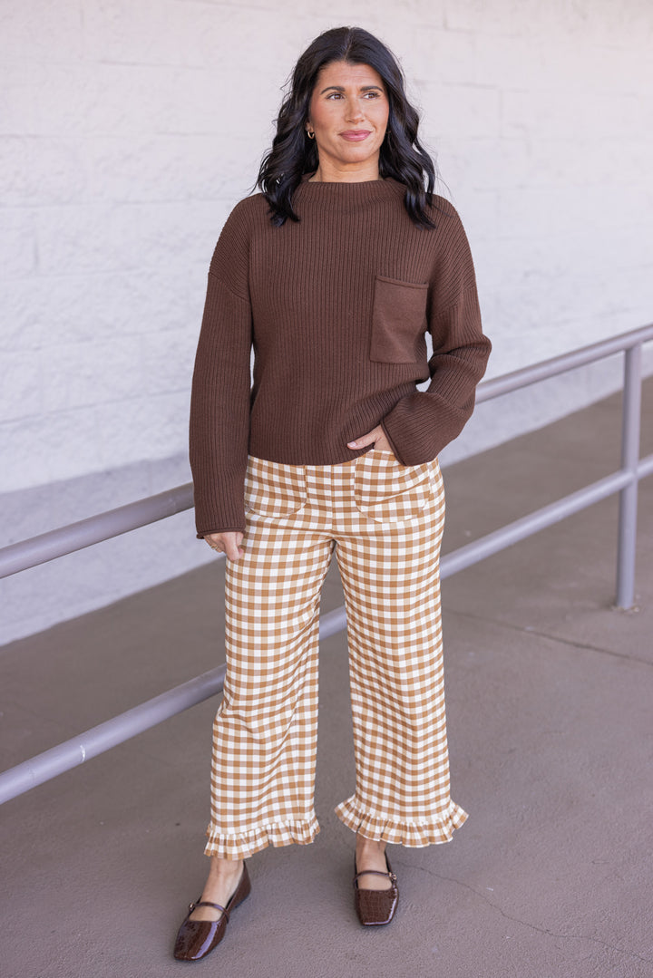 Women's mustard and ivory gingham checkered twill pants with ruffle cuffs by ee:some showing full front view