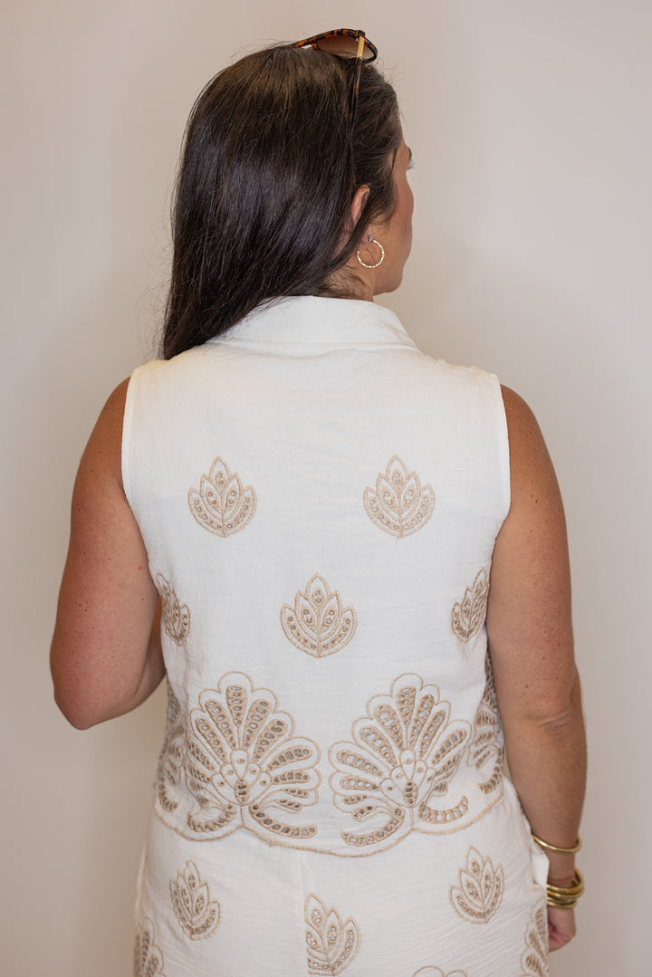 Women's off white shorts and top matching set with taupe embroidered details by Illa Illa showing back view of top