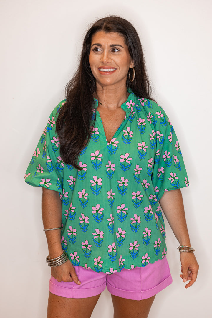 cotton green pink floral women's top