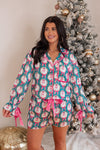 teal pink satin santa christmas pajama set