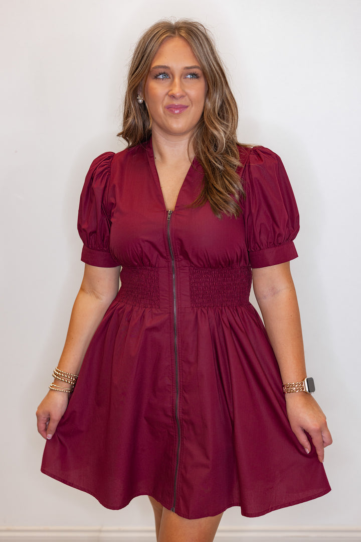 Women's zip front smocked waist burgundy dress by Entro