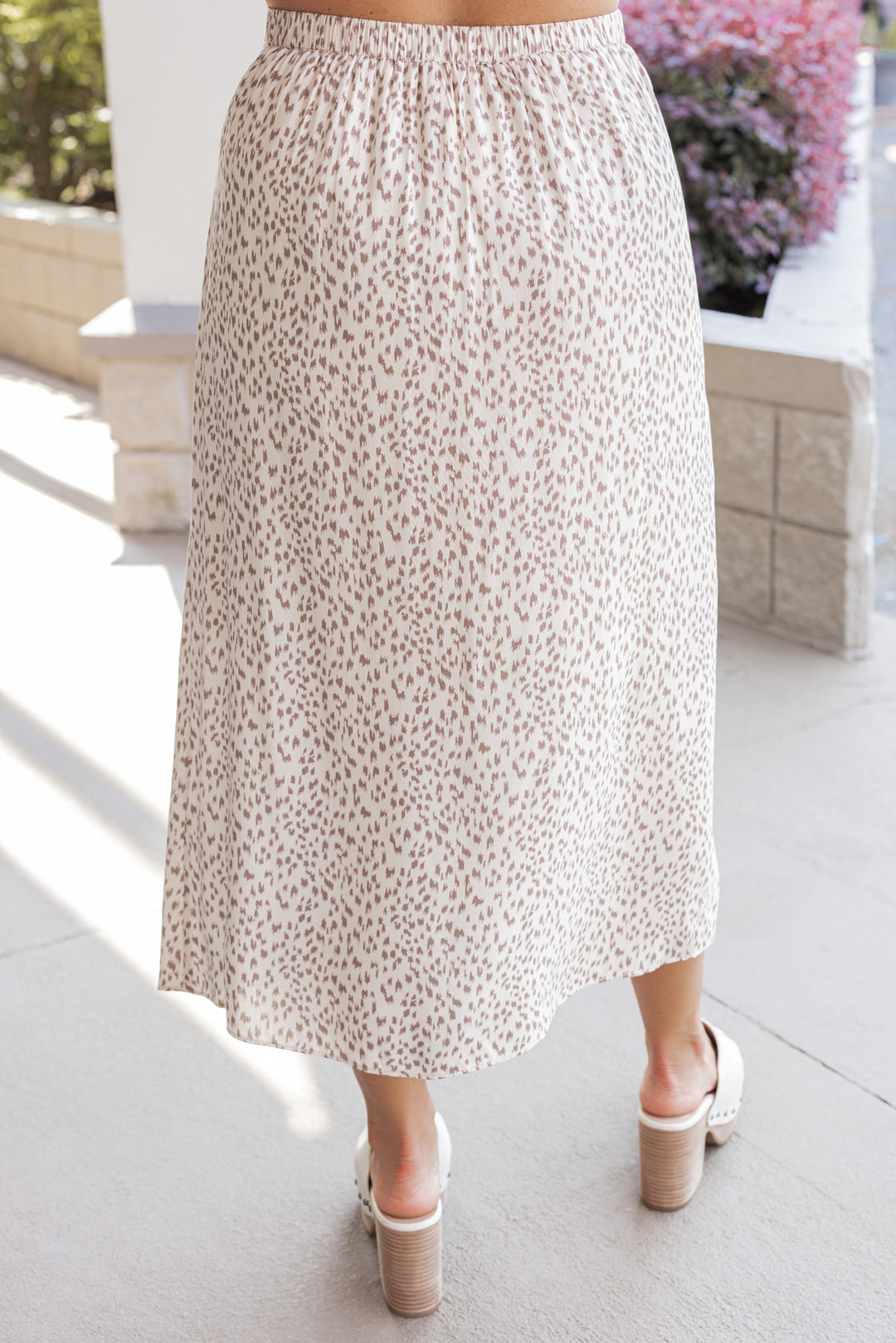 Cream and mocha animal print midi skirt by Wishlist showing up close back view