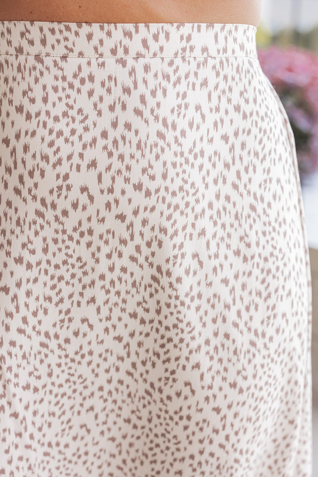 Cream and mocha animal print midi skirt by Wishlist showing up close look at animal print pattern