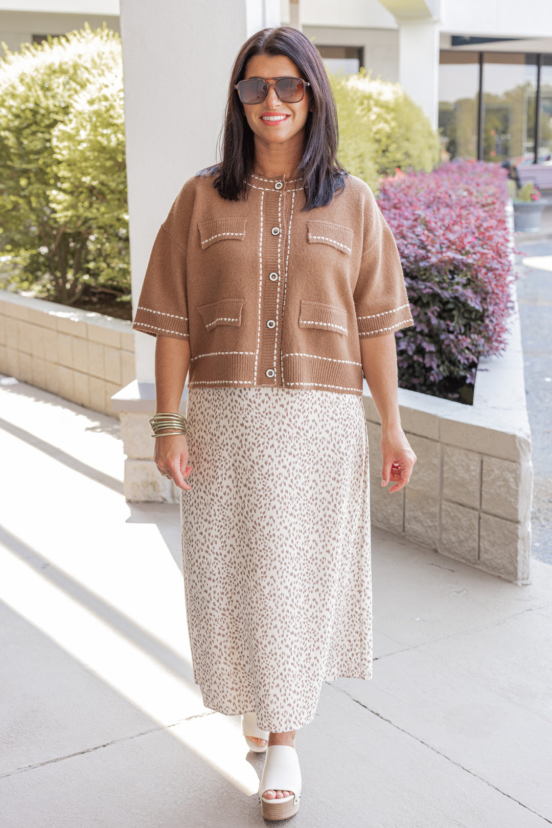 Cream and mocha animal print midi skirt by Wishlist showing full front view