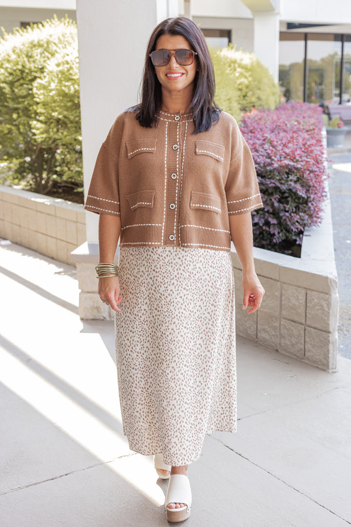 Cream and mocha animal print midi skirt by Wishlist showing full front view