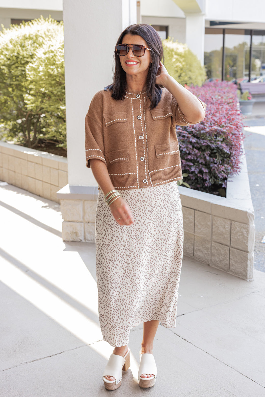 Cream and mocha animal print midi skirt by Wishlist, perfect for church