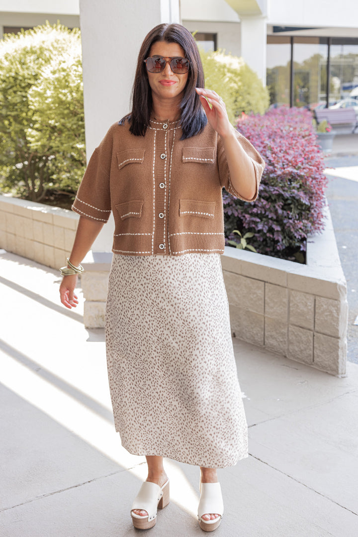 Cream and mocha animal print midi skirt by Wishlist, perfect for the office