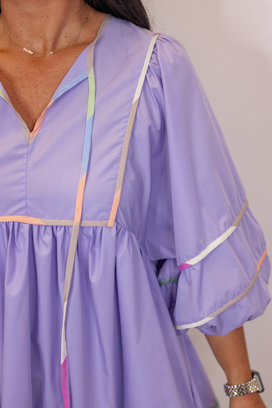 lavender colorful trim babydoll dress