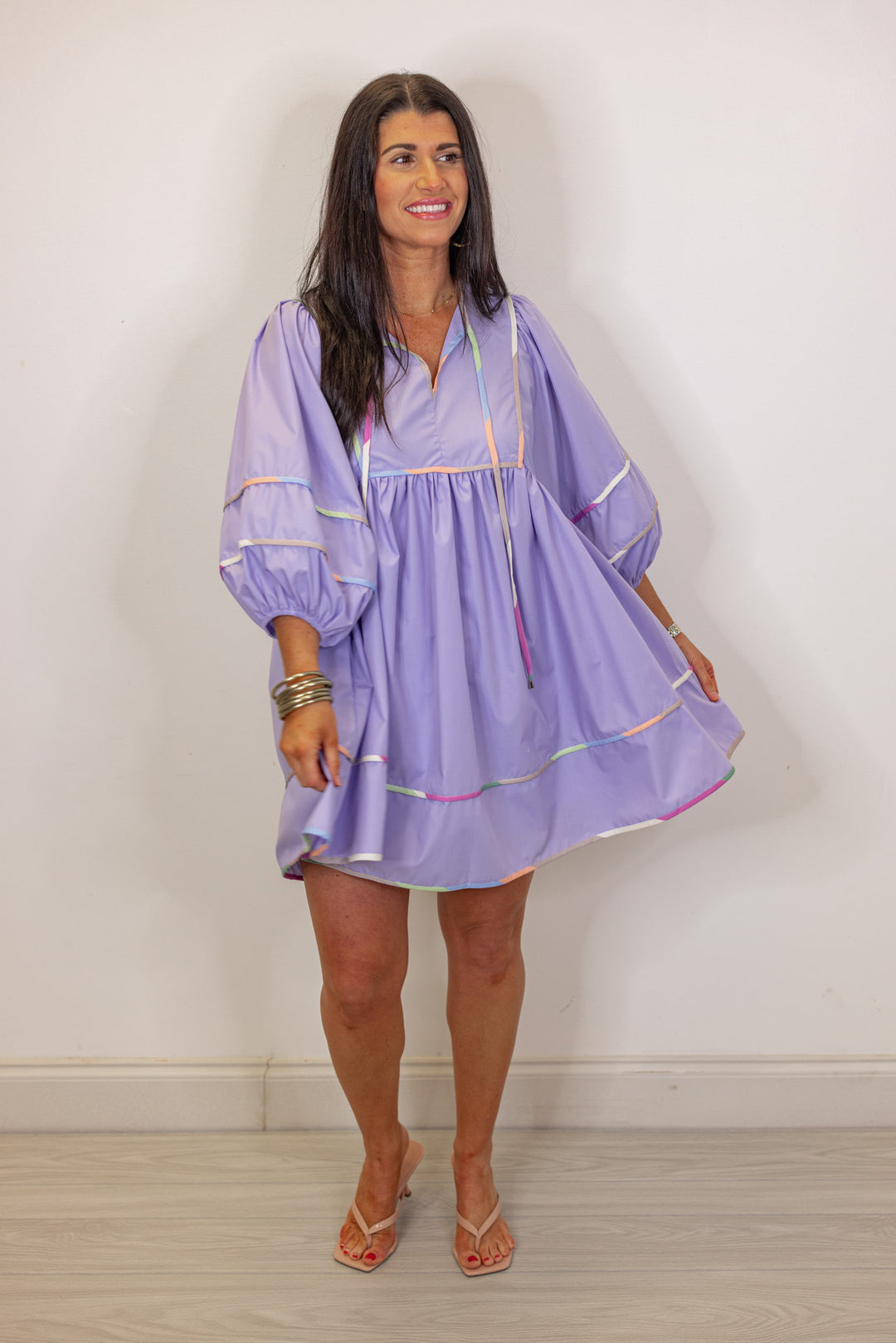 lavender colorful trim babydoll dress