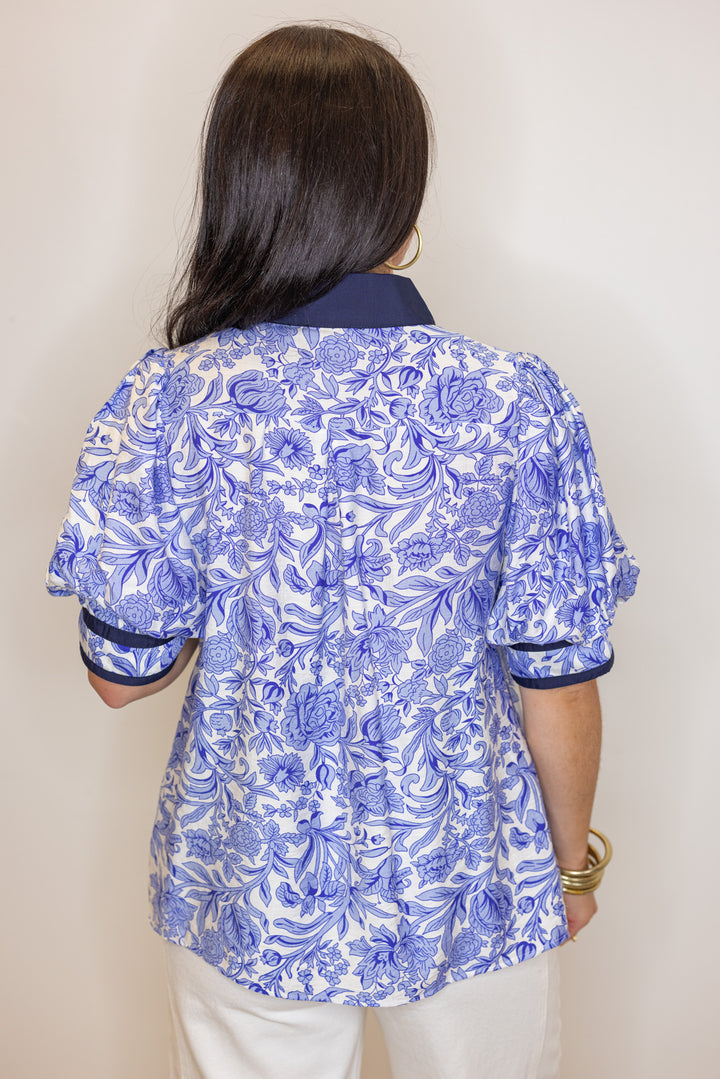 blue navy white floral dressy top