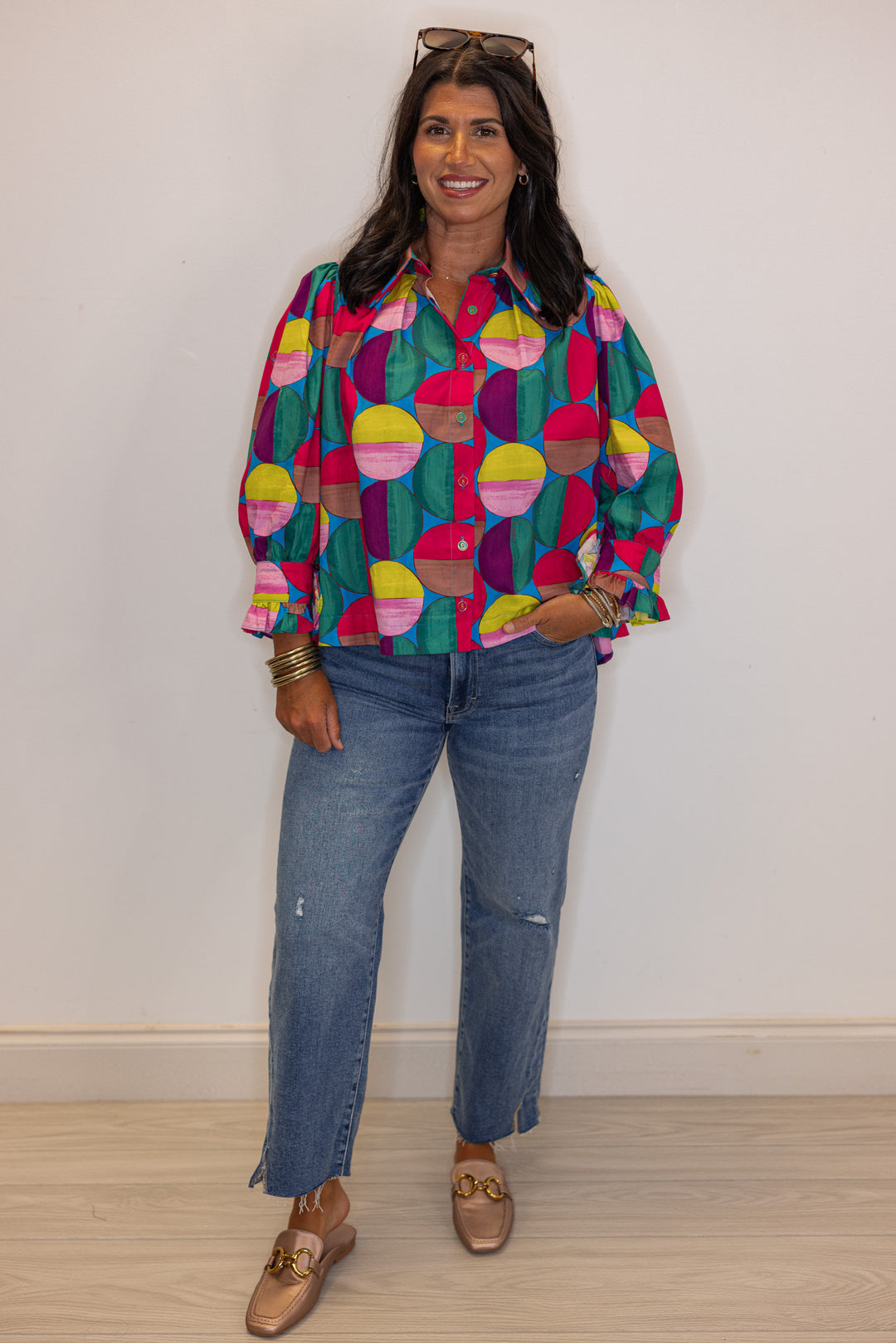 Women's trendy hot pink and multicolor print button front poplin top for teachers by Karlie