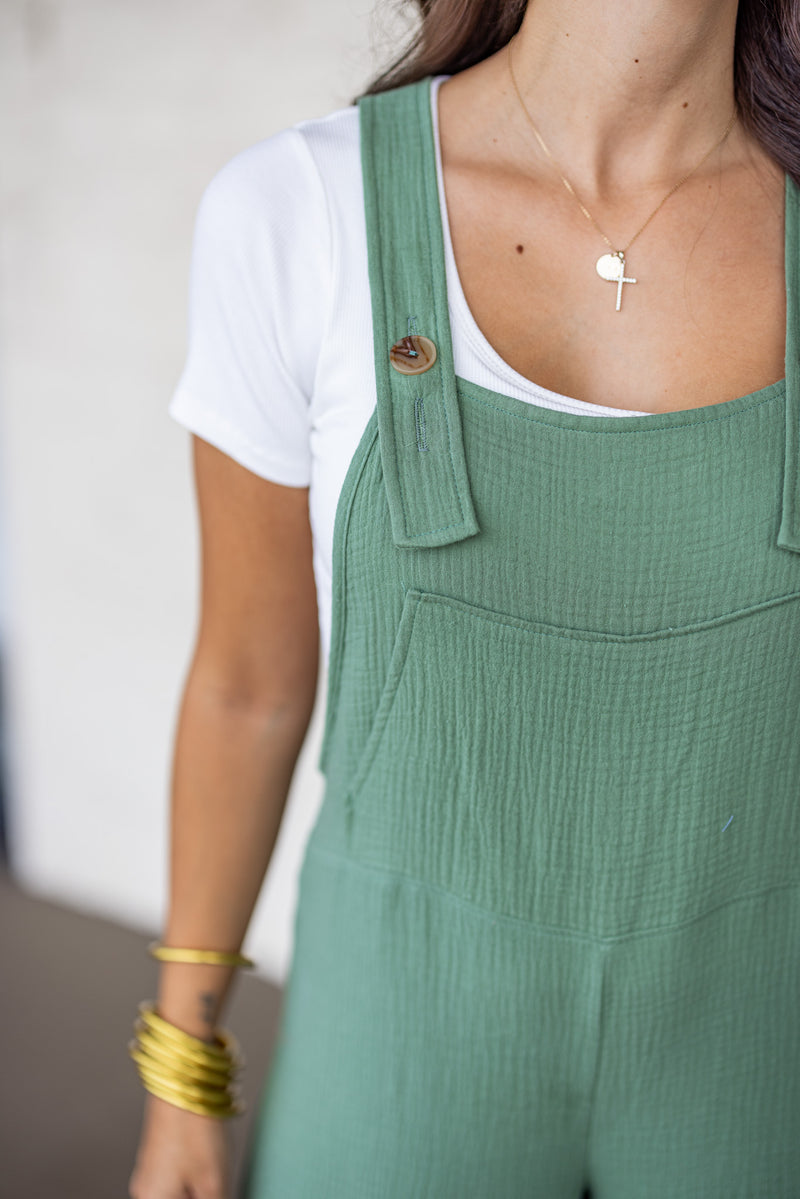 olive green linen overall jumpsuit