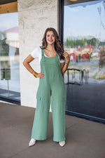 olive green linen overall jumpsuit