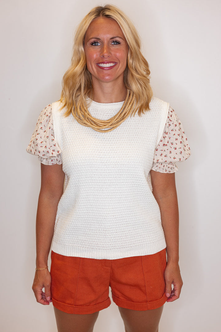 Cream lightweight textured sweater knit top with red floral print puff sleeves by Wishlist