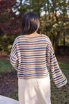 blue brown striped crochet knit sweater